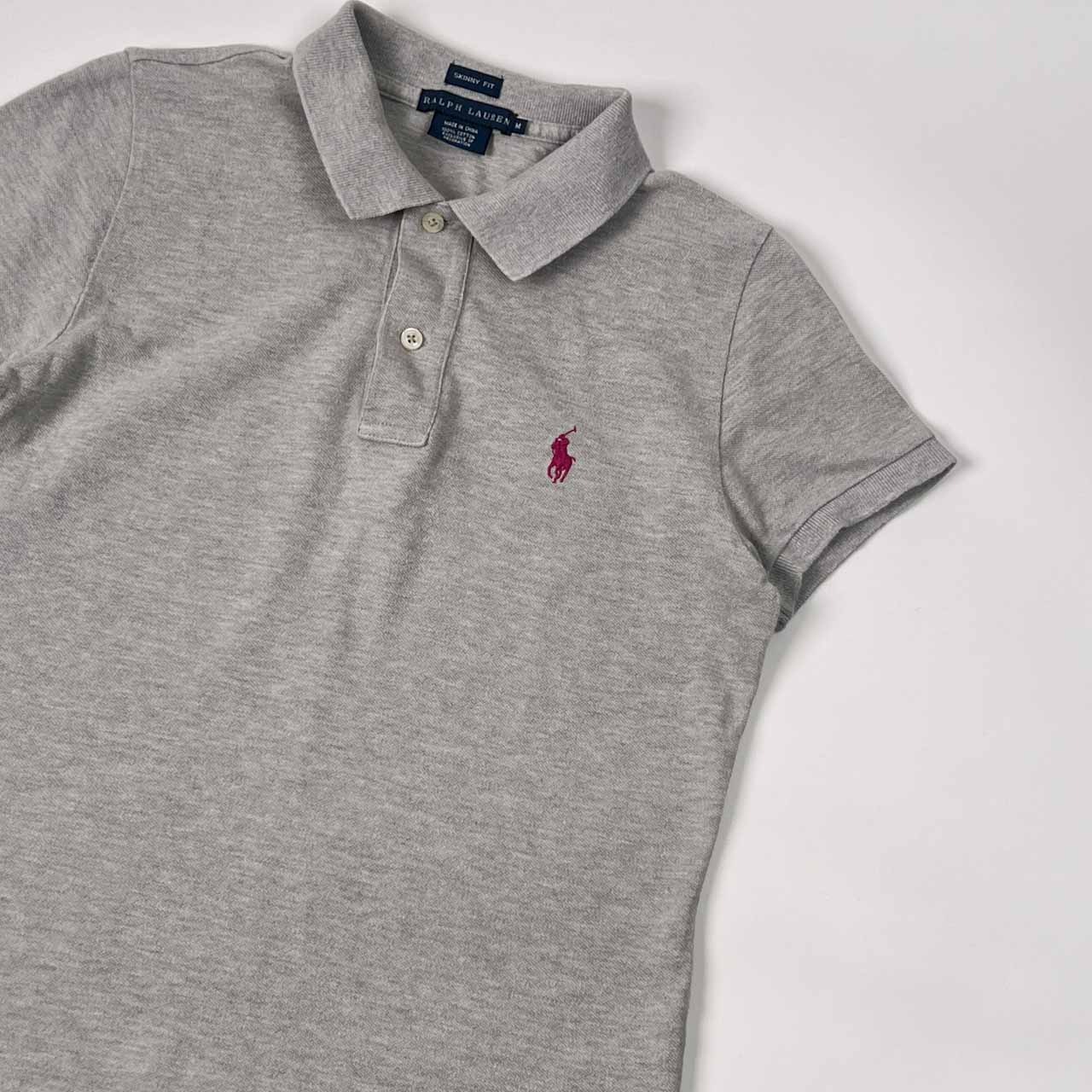 RALPH LAUREN ラルフローレン SKINNY FIT ワンポイント 鹿の子 半袖 ポロシャツ M/グレー レディース