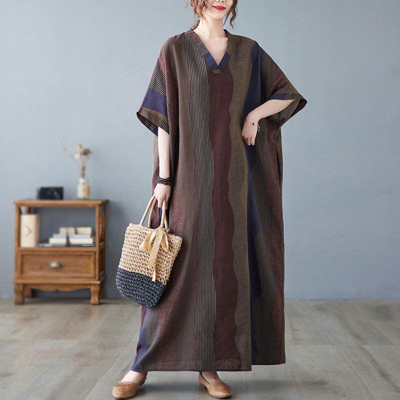 LINEN PRINT V-NECK LOOSE LONG DRESS M-17697