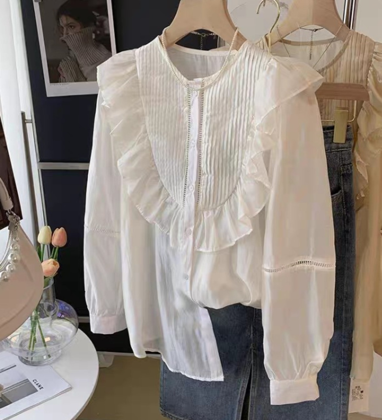 フランス風フリル シフォン長袖ブラウス