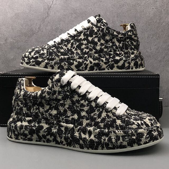 【予約販売】スニーカー 厚底 メンズ 韓国 靴 ホワイト ブラック 花柄 ラインストーン キラキラ ビジュー スポーティー お洒落 カジュアル ストリート 24cm/24.5cm/25cm/25.5cm/26cm/26.5cm