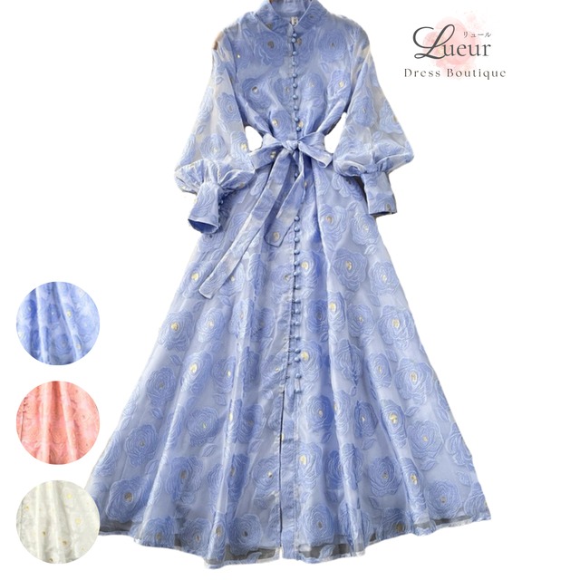 フラワーボタンデザインパフスリーブワンピース L2168