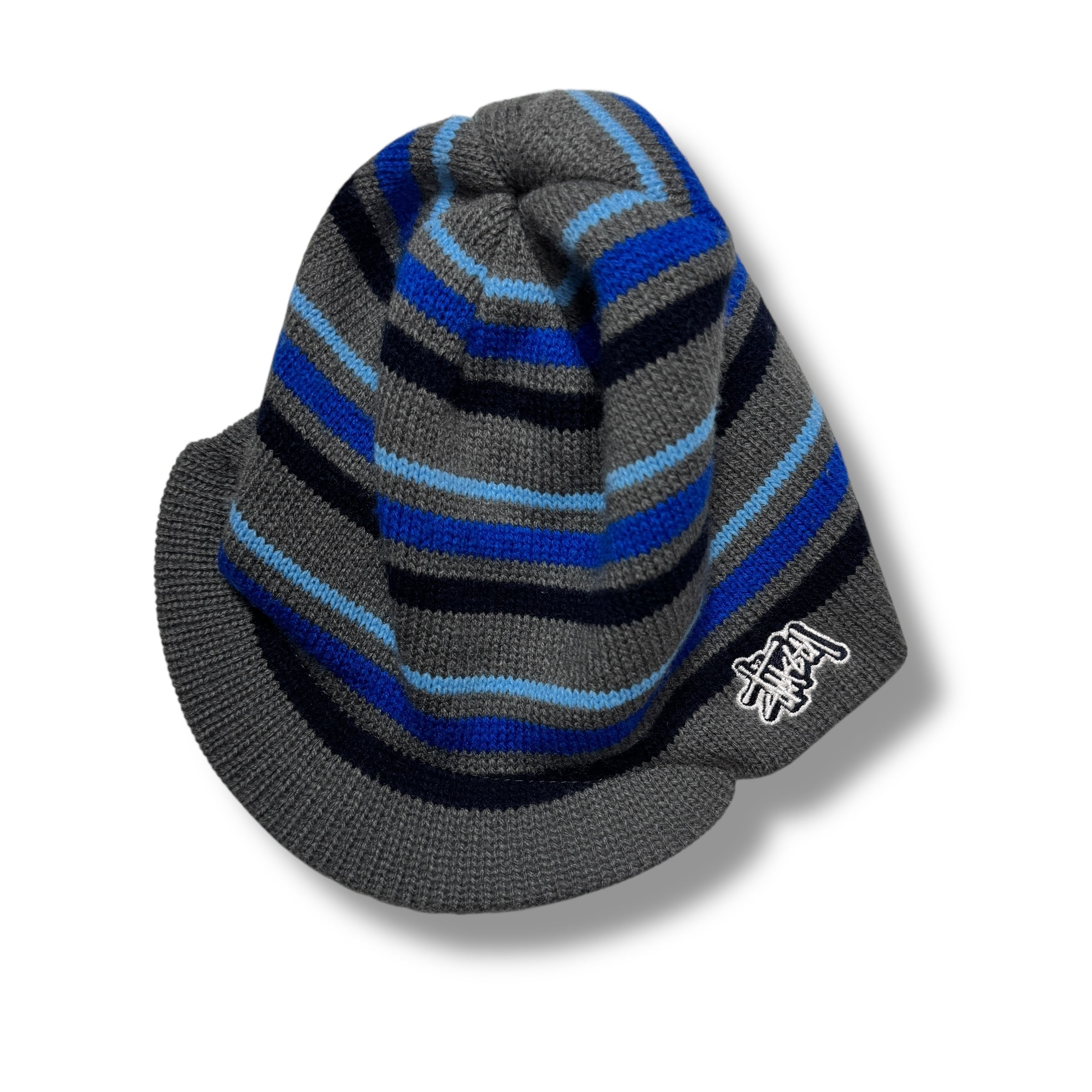 メンズ “紺タグ” old stussy チェック ロゴ ビーニー 黒 青 00s