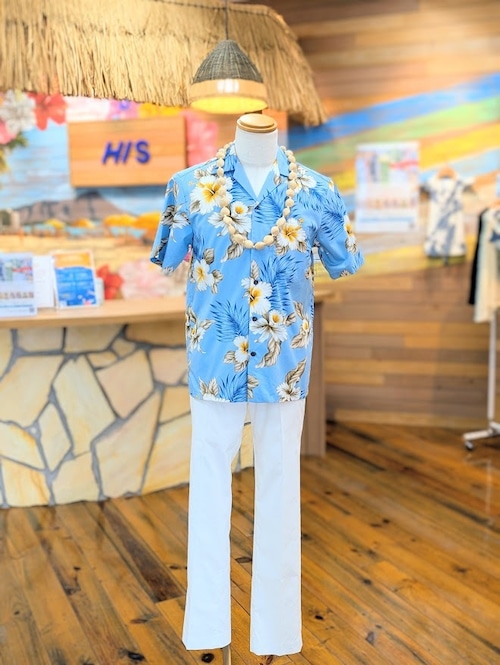 【Two Palms】 メンズ アロハシャツ [Hibiscus Trend Light Blue]