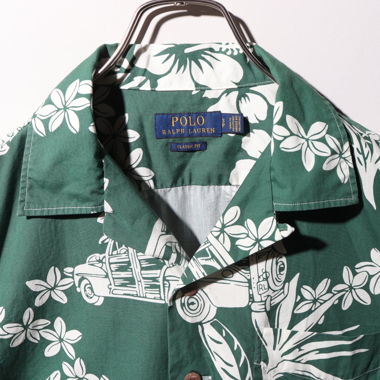 美品 S ポロラルフローレン 総柄 半袖開襟アロハシャツ 緑 グリーン  