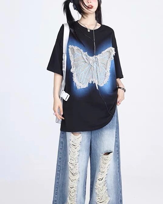 【予約】2c's butterfly fringe edge patch effect short sleeve t-shirt