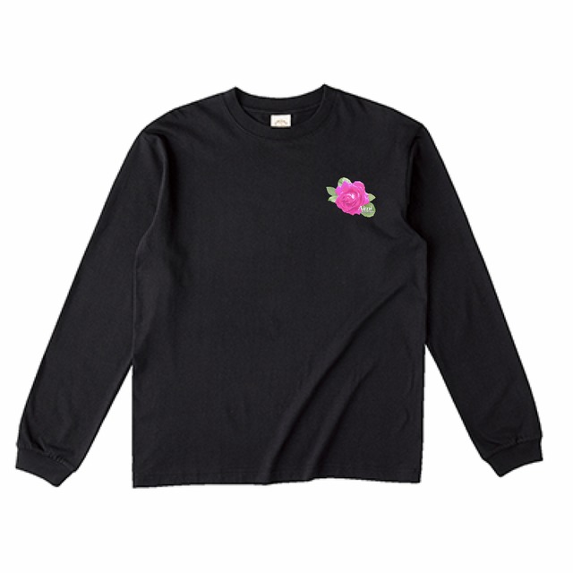 長袖Tシャツ オーガニックコットン 黒  レディース ブラック  綿100％ 薔薇 バラ（ピンク） ロングTシャツ