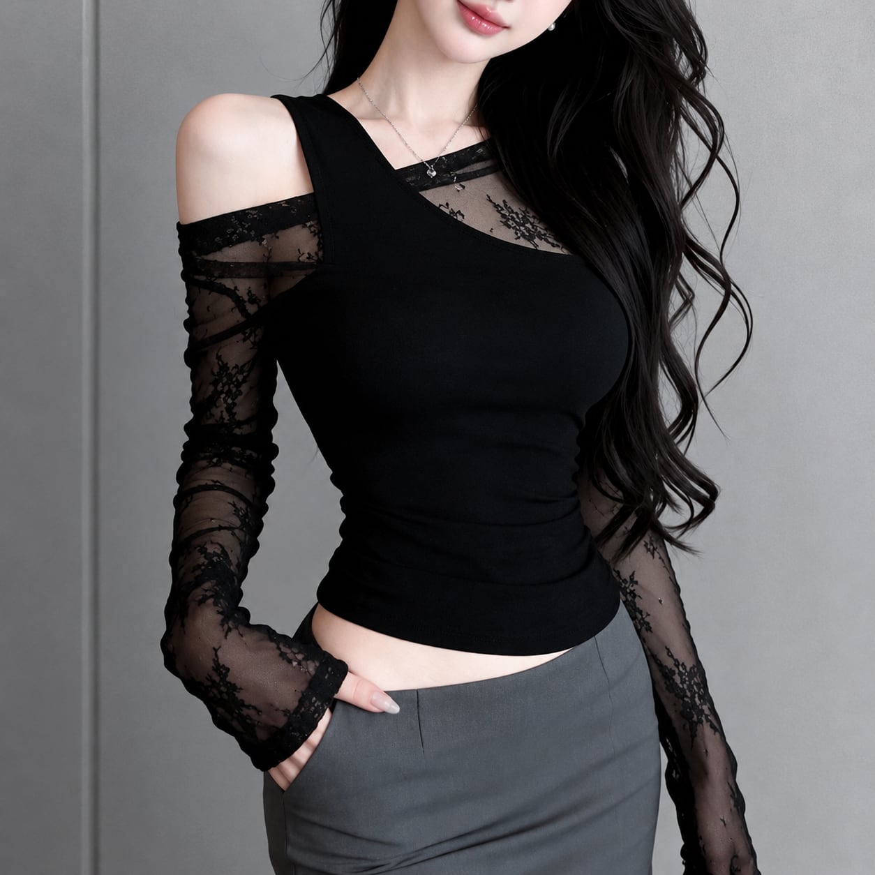 sheer lace asymmetry tops / l0739