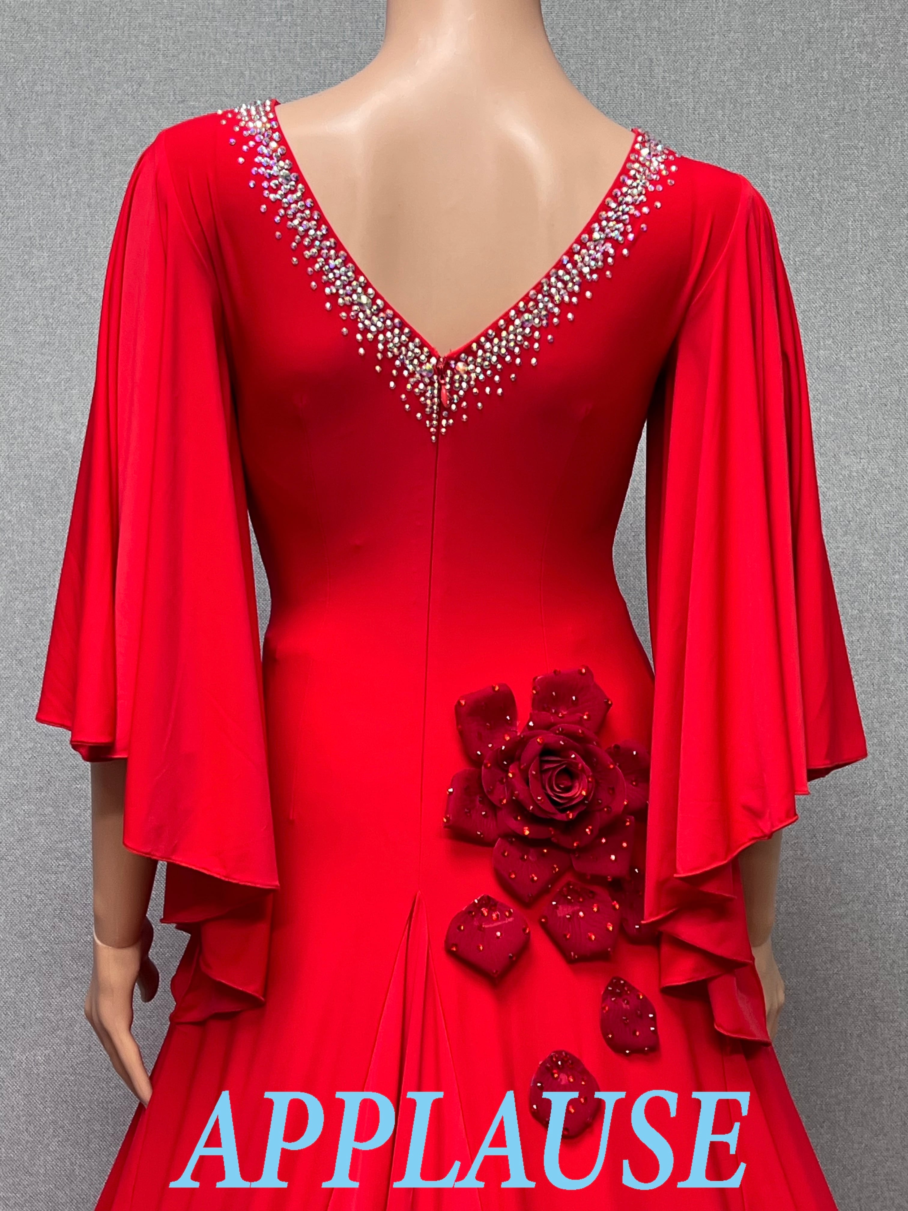 【新着】社交ダンス ドレス　モダン　スタンダード ドレス　ST-26-４　レッド（バラ）　M〜L　デモ・競技用ドレス　発表会　衣装　パーティドレス　ワンピース　舞台衣装