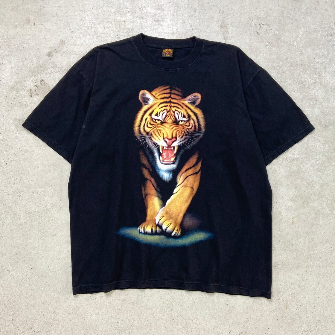 虎 トラ アニマル プリント Tシャツ メンズXL 古着 動物 黒色【Tシャツ 