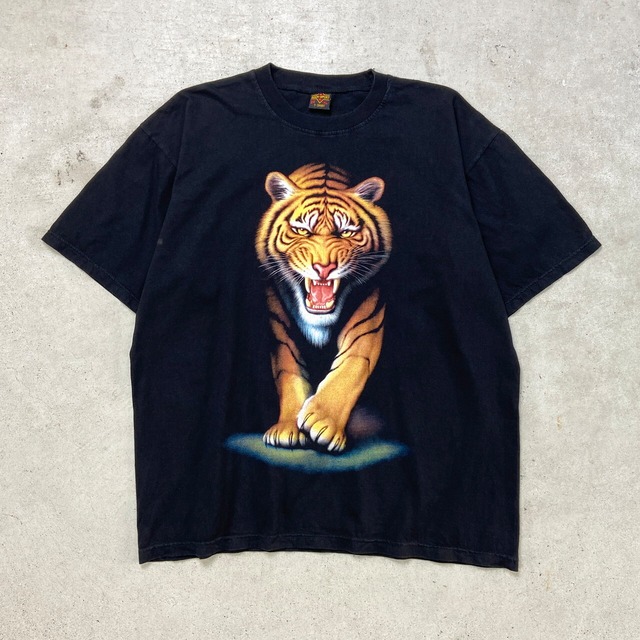 虎 トラ アニマル プリント Tシャツ メンズXL 古着 動物 黒色【Tシャツ 
