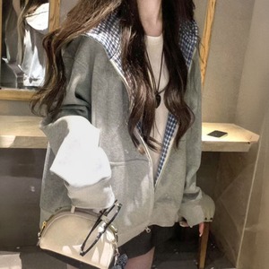 ジップ パーカー レディース 秋冬 韓国 チェック柄 バイカラー フード付き レイヤード風 重ね着風 ドロップショルダー ゆったり スウェット ライトアウター 体型カバー 学生 カジュアル ストリート 通学 旅行 お出かけ 着回し [LW-CGT006]