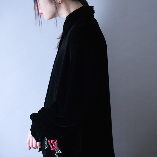 "刺繍×薔薇" asymmetry design loose silhouette black velours shirt