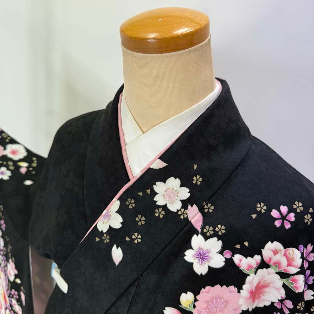 二尺袖 単品 卒業式着物 黒 裄68cm Lサイズ 袴用着物 化繊 中古 4559