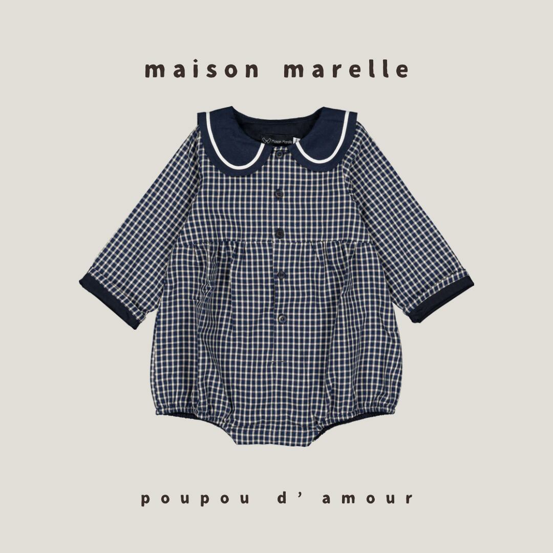 送料無料【予約】maison marelle |Romper BAC - Blue&ecru check (11月上旬以降入荷予定)