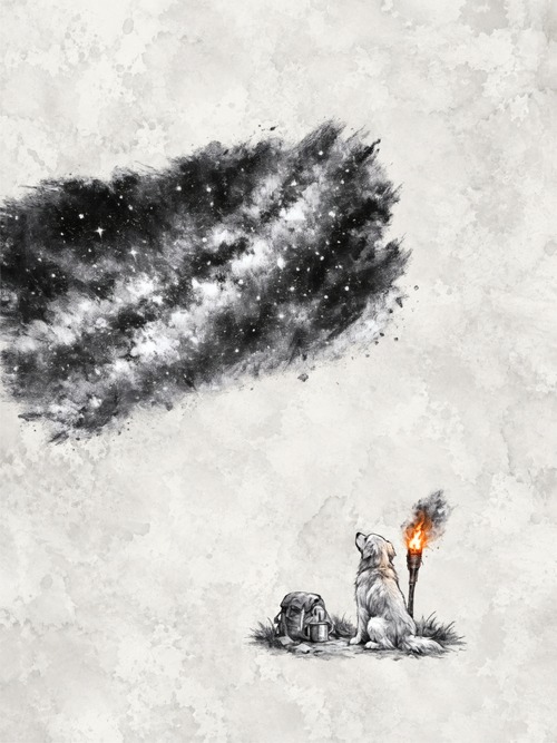 ゴールデンレトリーバーと松明 5400×7200px・600dpi・約50MB 高解像度PNG|Digital Download Ink Wash Digital Art【デジタルダウンロード】夜空シリーズアート