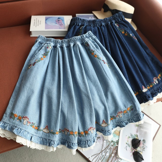 キノコお花刺繍レースデニムキュロットパンツ W1896