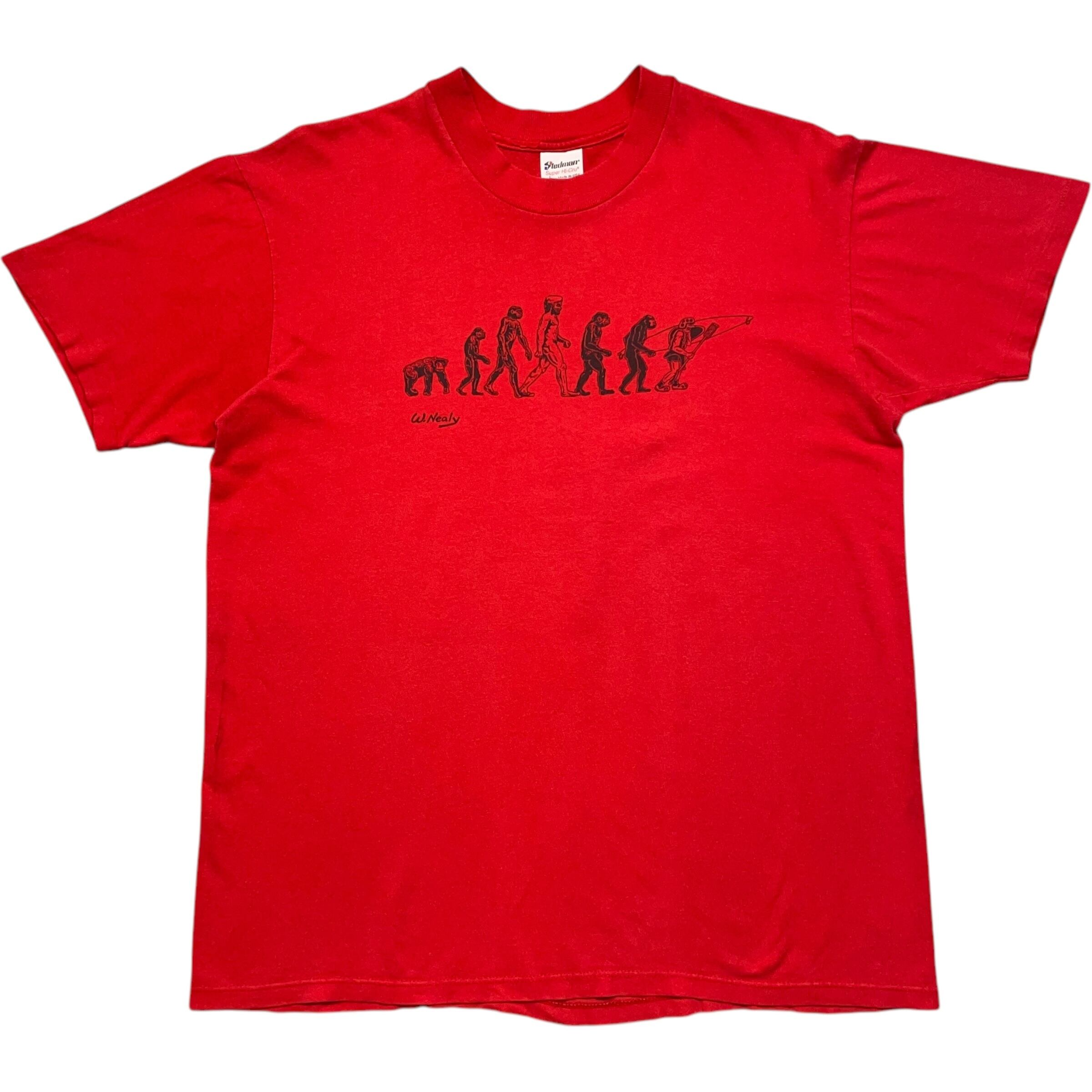 《L》Stedman ステッドマン Tシャツ 人類の進化 プリント シングルステッチ レッド USA製 80年代 vintage no.7095