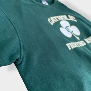 【JERZEES】スウェット 高校 CATHOLIC FIGHTING IRISH プリント アーチロゴ トレーナー プルオーバー グッドカラー 深緑 ディープグリーン M US古着