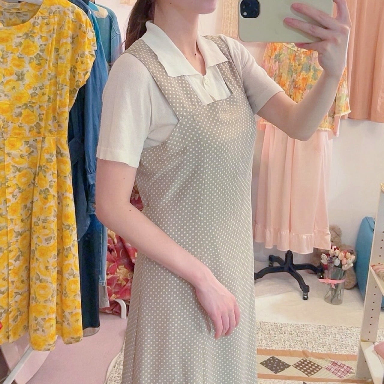 beige dot waist ribbon jumper skirt