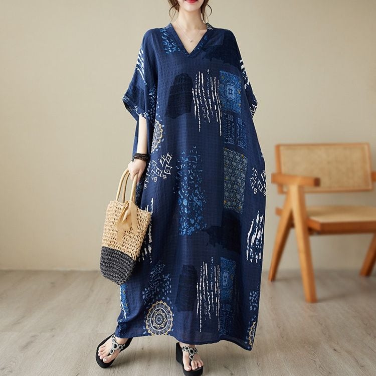 V-NECK RELAXED PRINT LONG KAFTAN DRESS M-17713