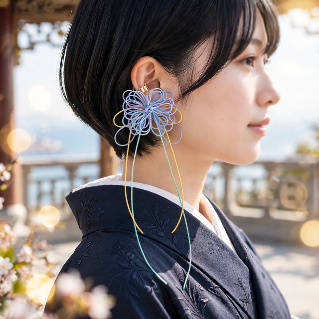 飾り結びかたっぽイヤーカフ「ハナメグル・露」 | 手染め紐による大輪の花。浴衣・着物・洋装にも。
