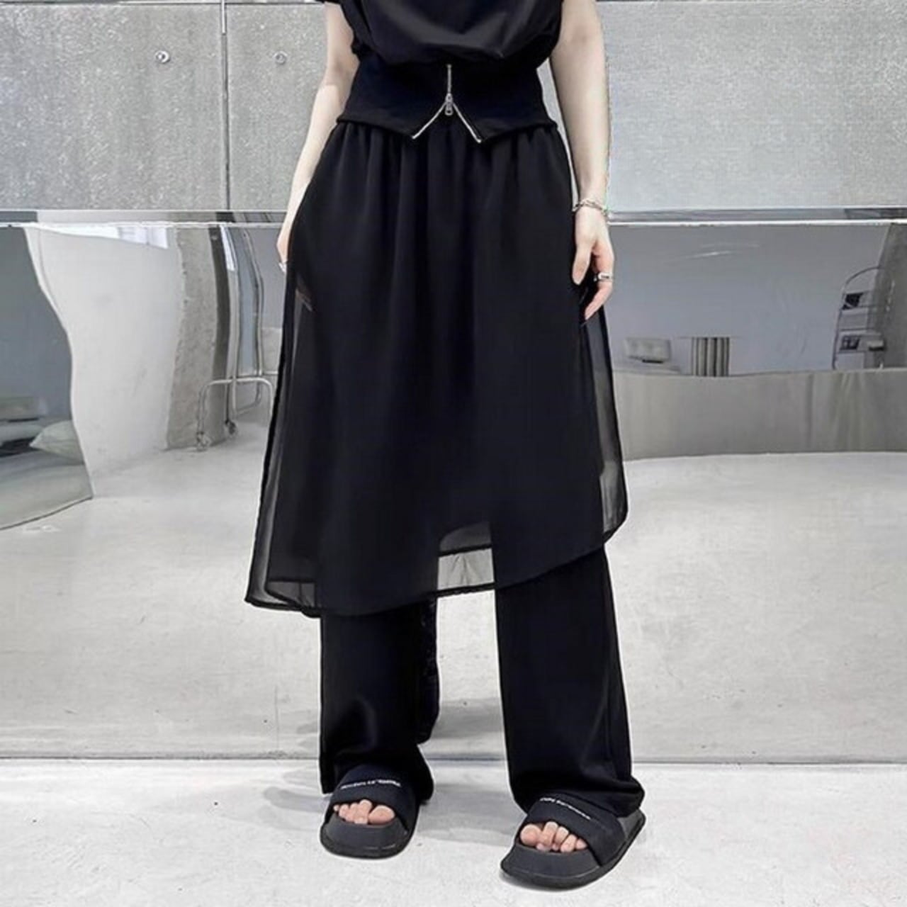 メッシュスカートレイヤードストレートパンツ R0174