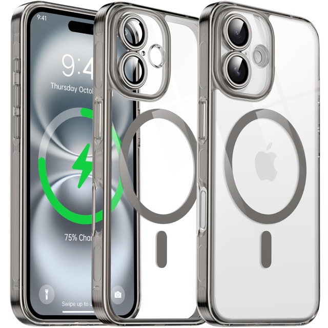 Flyzoo 磁気透明ケース用のiPhone 16 [MagSafe対応] ワイヤレス充電対応 黄ばみ防止 米軍MIL規格 耐衝撃 傷つけ防止 クリア クリスタルな ハード 背面 マグネット搭載 パネル ソフトシリコンエッジ スマホ保護カバー 6.1インチ (グレー)