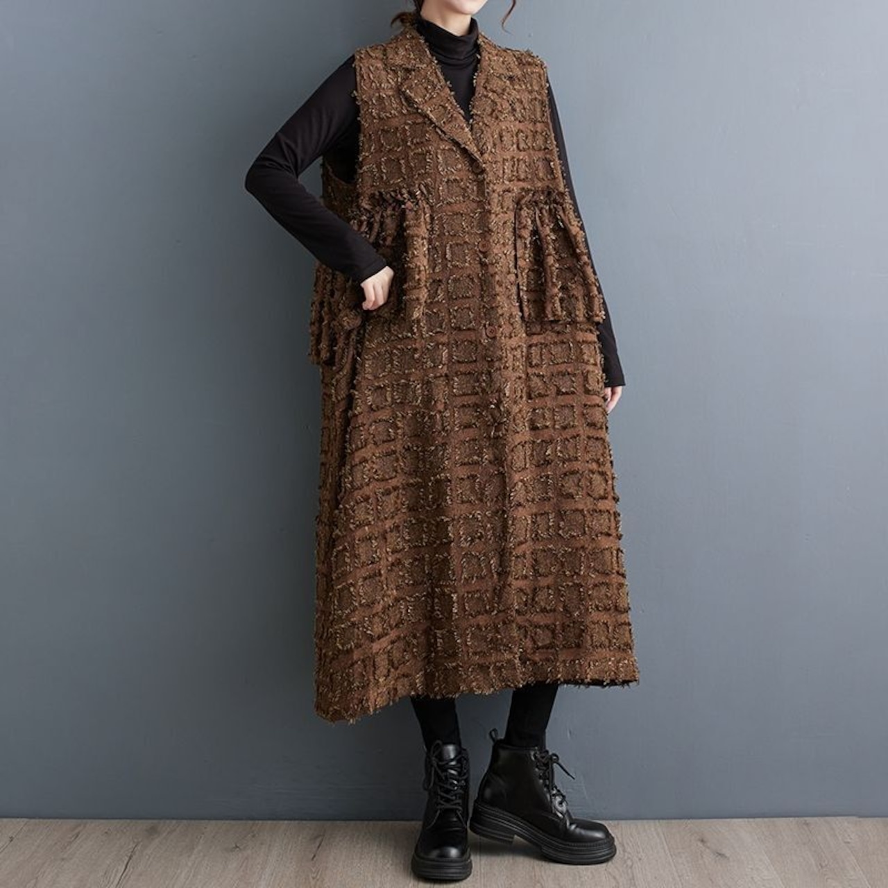 格子柄 フリル ロングベスト 60022