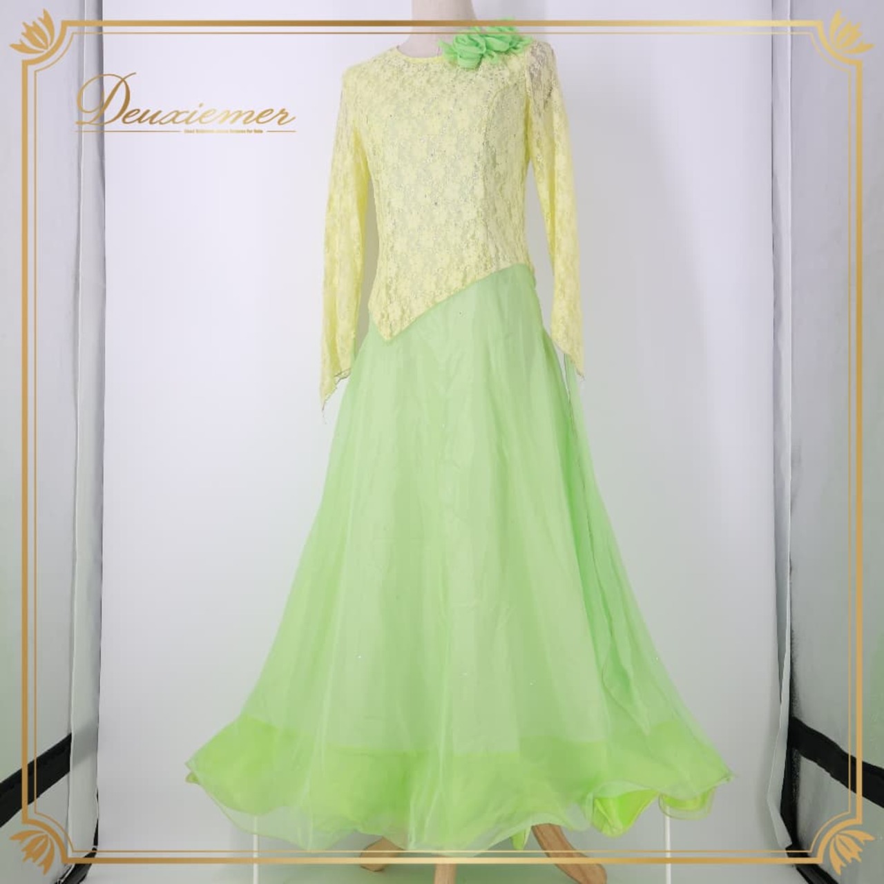 社交ダンス 衣装 prima boutique プリマブティック ドレス ワンピース グリーン系 花 花柄 レース 緑 黄緑 長袖 明るい 華やか かわいい ダンス衣装 イベント ステージ 練習 レッスン パーティー おしゃれ 透け感
