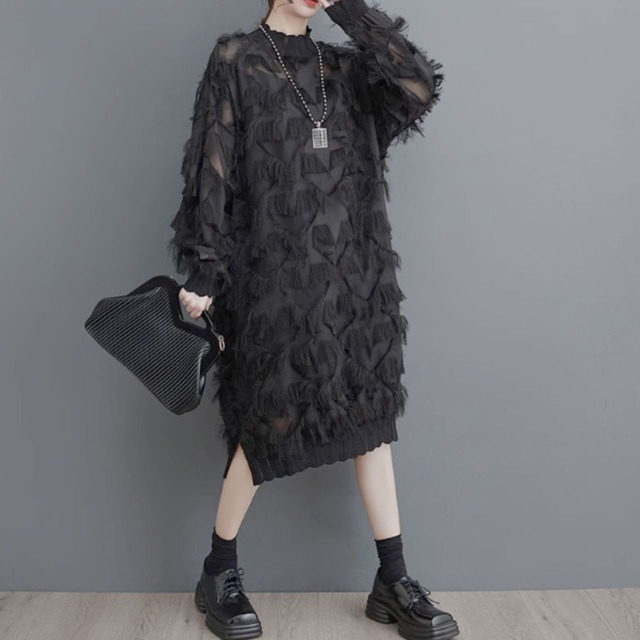 Stand collar tassel design dress C0398