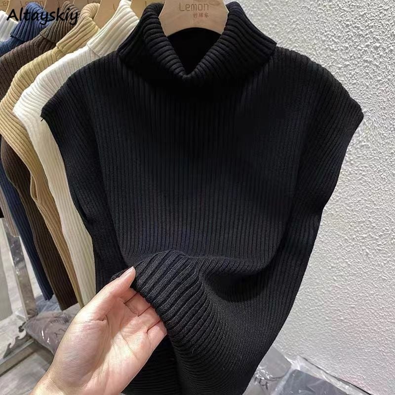 【新作】【送料無料】 タートルネックセーターベスト女性固体スリムオールマッチ 7 色秋冬トップスシックな女性のニット基本的なアウターヴィンテージ Mujer 03302146491