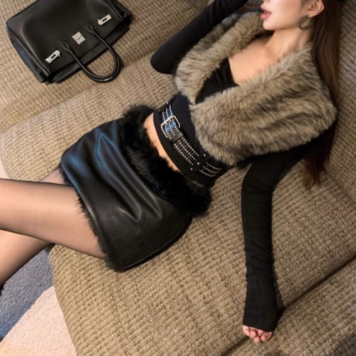 【2点セット】ファーコンビトップス＋ファーデザインスカート ・13415