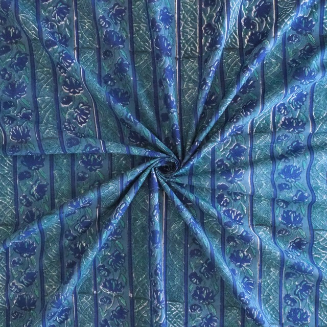 ブロックプリント生地【50cm単位】インド綿  ストライプ柄 ブルー×紺色×グリーン #61039-BL3