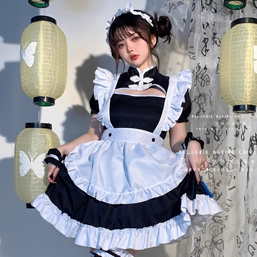 天使と悪魔 サブカル系 メイド服 チャイナ風 ミニ丈 5点セット ワンピ エプロン ヘッドドレス レッグリング ブレスレット セクシー コスプレ  イベント メイドカフェ ロマンティック 天使と悪魔 サブカル系ファッション SEASONZ