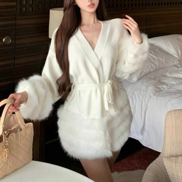 2色♡カシュクールファードッキングミドル丈カーディガン