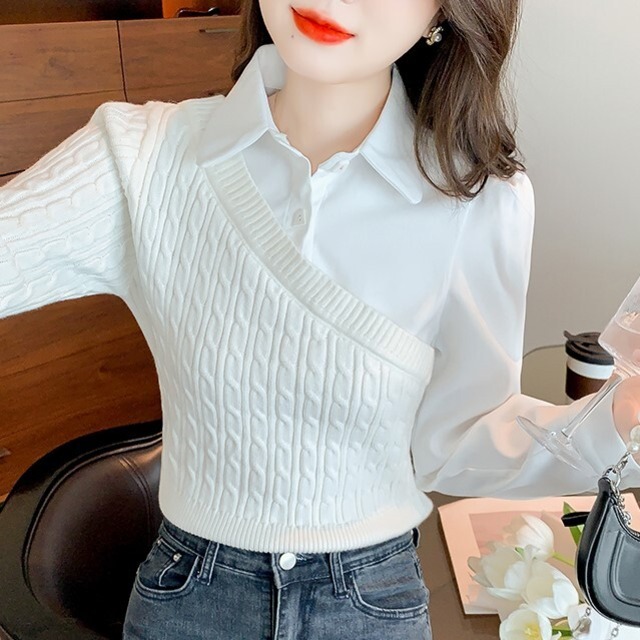 トップス レディース ニットソー シャツ セーター 長袖 ポロカラー 細身 切り替えデザイン ドッキング 異素材MIX ポリエステル かわいい 大人可愛い きれいめ シンプル カジュアル 大人 上品 おしゃれ 大人女子 キュート ガーリー 個性的 主役級 S M  L XL ホワイト ブラック 無地 春 秋 10代 20代 30代 ママ OL 通勤 学生 通学 デート お出かけ 女子会 着回し 普段使い お揃い 双子 韓国系 送料無料 ファッション コーデ スタイル モテ トレンド 流行 インスタ映え