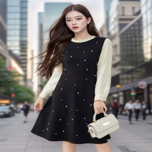 【送料無料】 ロングドレス 衣装 ひざ丈 フリル 長袖 ハイネック キラキラ パール Aライン フレア プルオーバー 厚手生地 エレガント 可愛い 大人可愛い きれいめ シンプル カジュアル シック コンサバ 華やか 大人 上品 おしゃれ お洒落 主役級 こなれ感 高見え 高級感 フェミニン 無地 冬 20代 30代 レディース 女性用 お出かけ 女子会 お呼ばれ 休日 お茶会 入学式 入園式 結婚式 二次会 パーティ 演奏会 普段使い ファッション コーデ スタイル 楽ちん 体型カバー 垢抜け 存在感