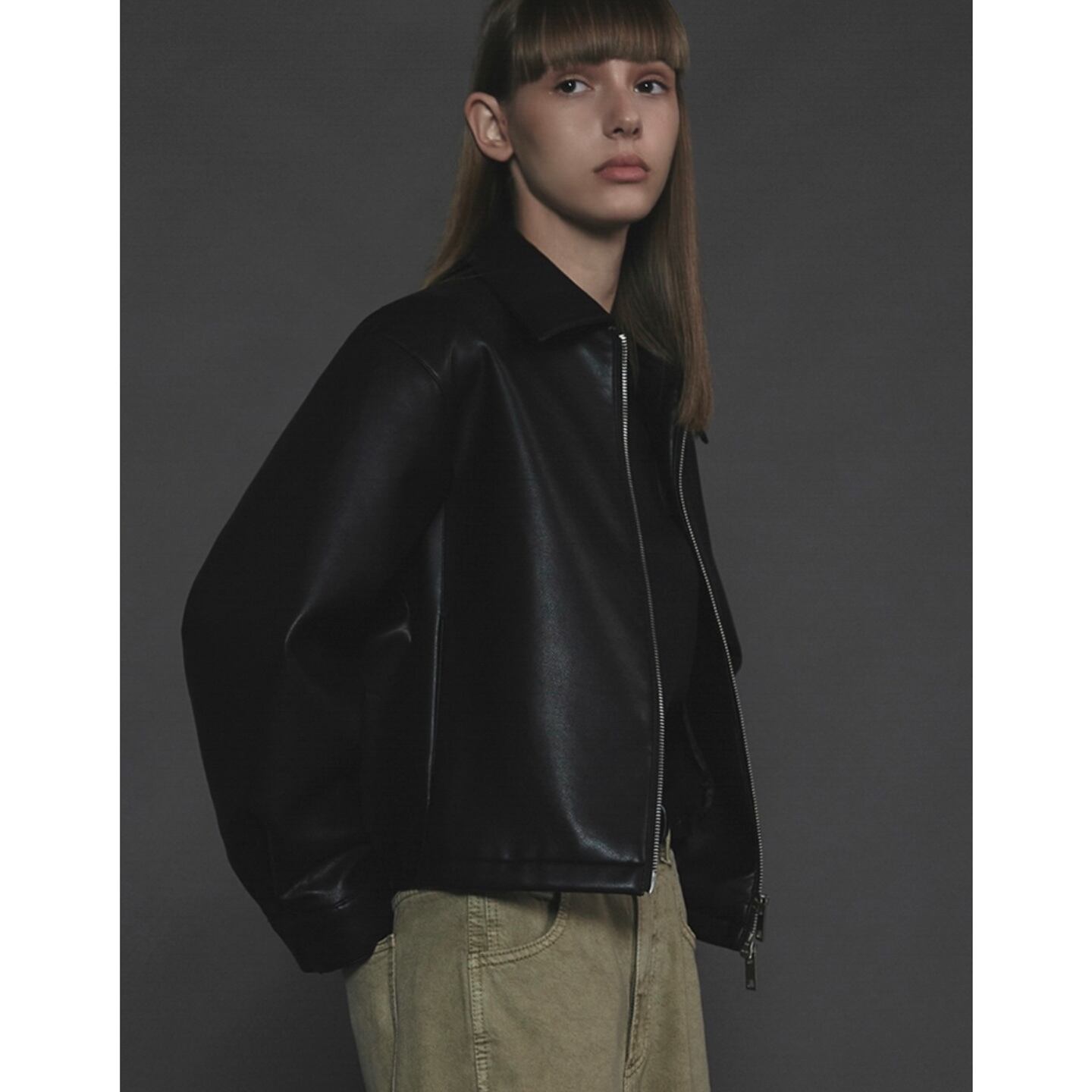 LAFUDGE FOR WOMAN] Buffing leather minimal blouson_Black
