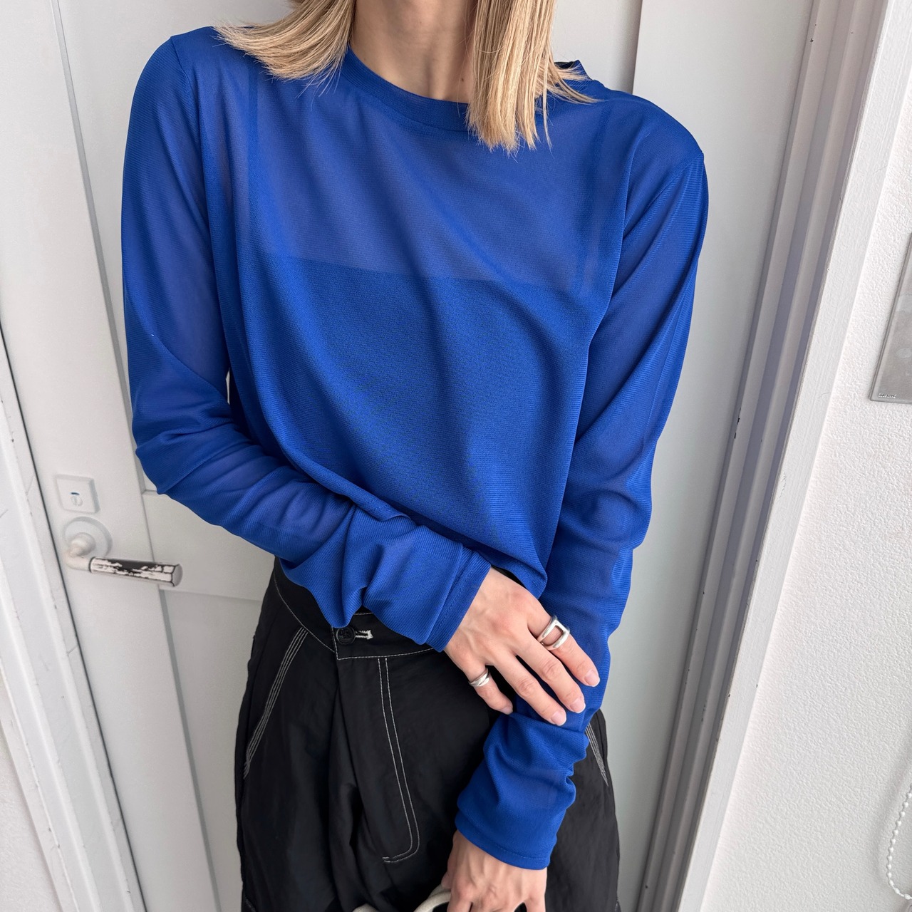 crew neck tulle sheer short tops/bule