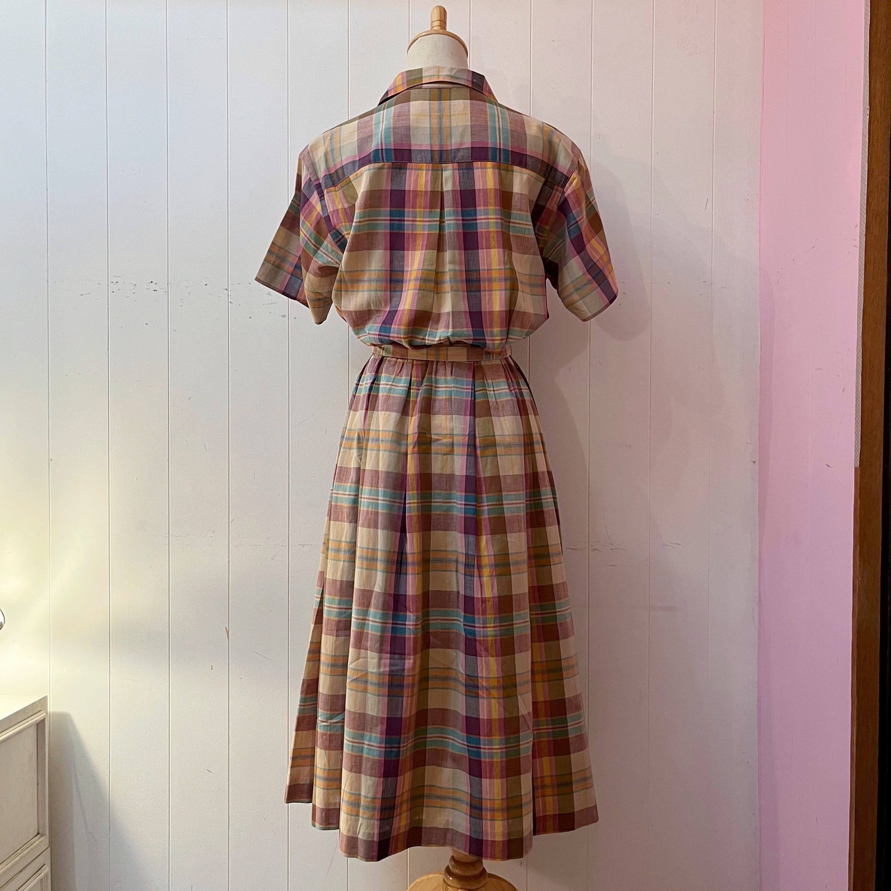 yellow pink check open collar one-piece