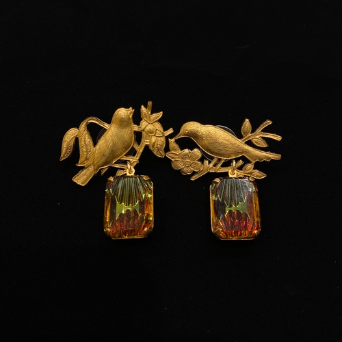Twin birds octagon glass drop earrings