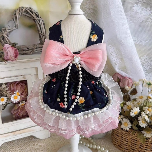 navy rose pearl ribbon dress
