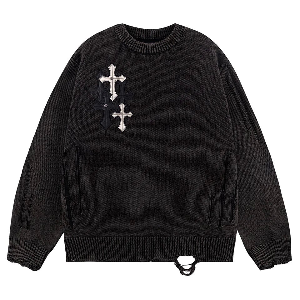 【supplier】Distressed Multiple Cross Leather Patch Crew Knit【サプライヤー】