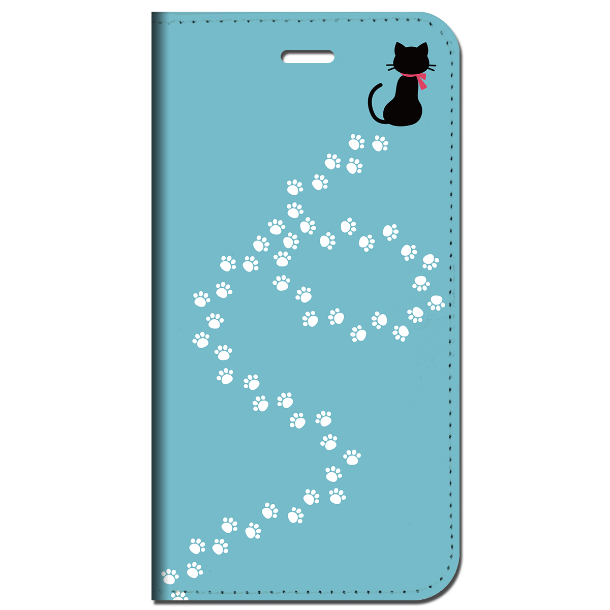 iPhone対応 スマホ 手帳型ケース 黒ネコと足跡-ブルーB ポップ イラスト猫 【iPhone17 / iPhone16 / iPhone16e / iPhoneSE 他 iPhone各機種対応】 st47