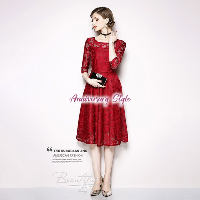 結婚式 パーティードレス 赤2l3l即納 ぽっちゃり S 3l 3色 大きいサイズ レディース 予約 袖あり 七分袖 ワンピース 青 赤 黒 Md S Anniversary Style