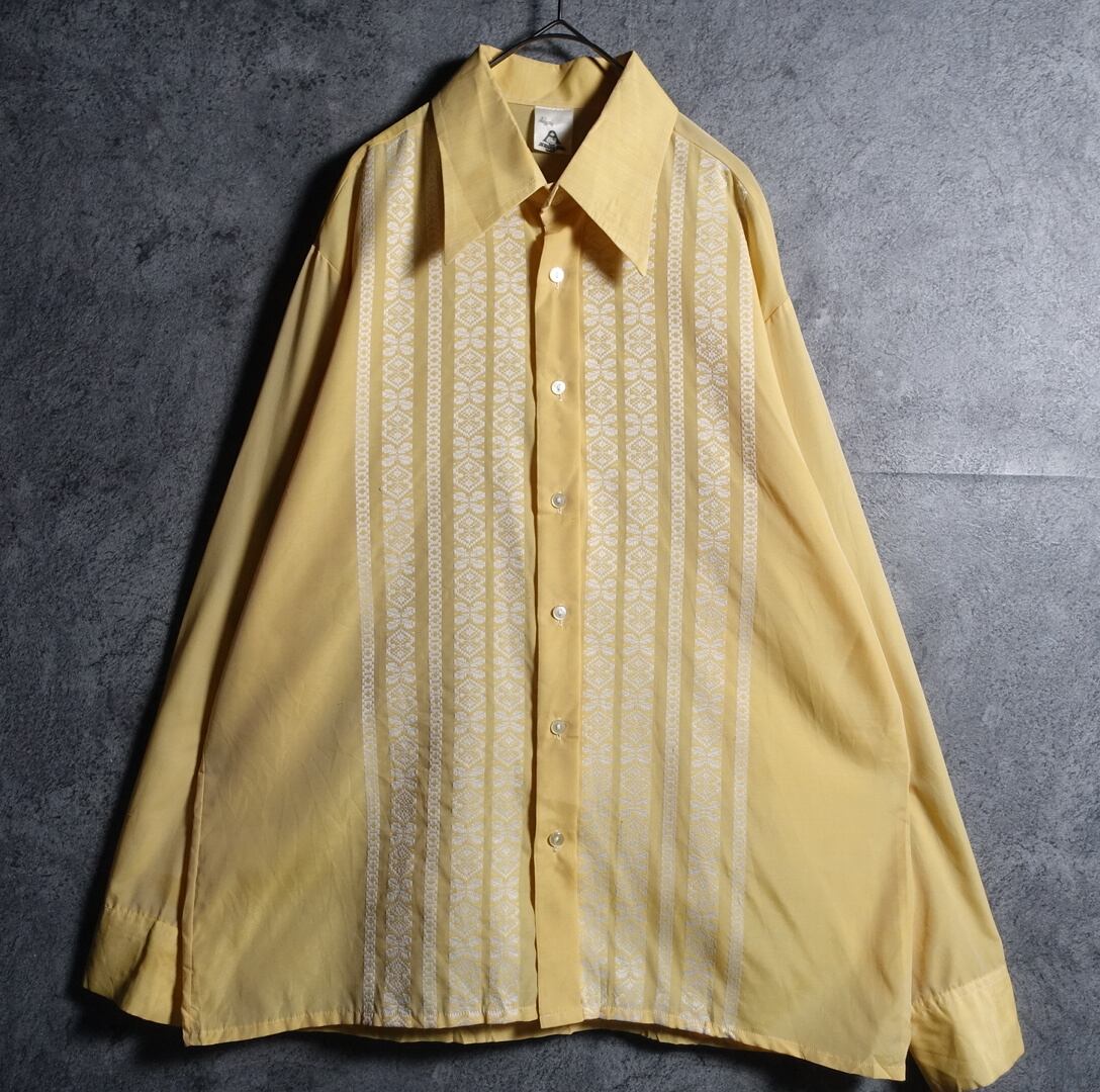 70s Light yellow jacquard big collar poly shirt