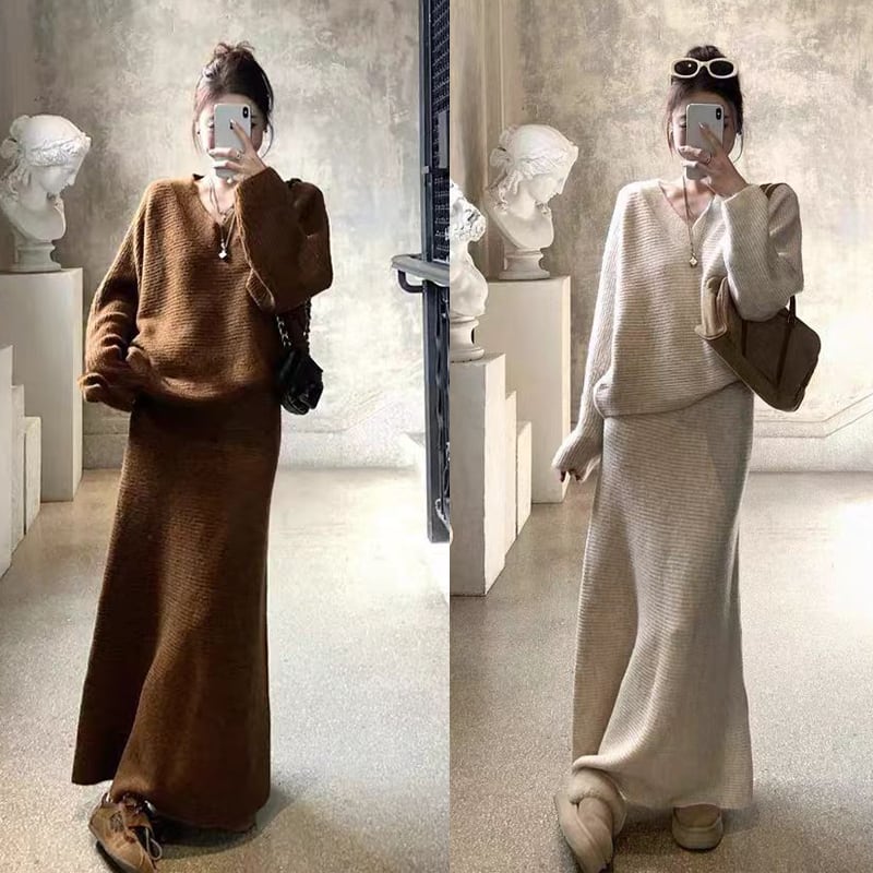 【set】Vネックニットトップス×ロングスカートセット Q7701