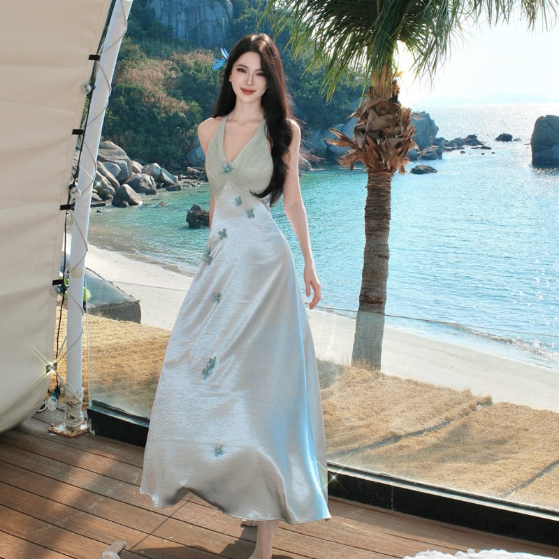 ロングドレス キャバドレス セクシー フレンチ 立体フラワー ホルターネック サテン ウエストマーク 上品 JC2-CD6-628-8100630