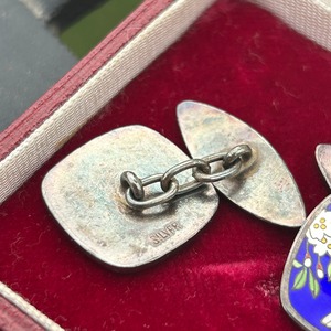 ヴィンテージ 輸出用七宝のカフスボタン　ロイヤルブルーに桜小鳥