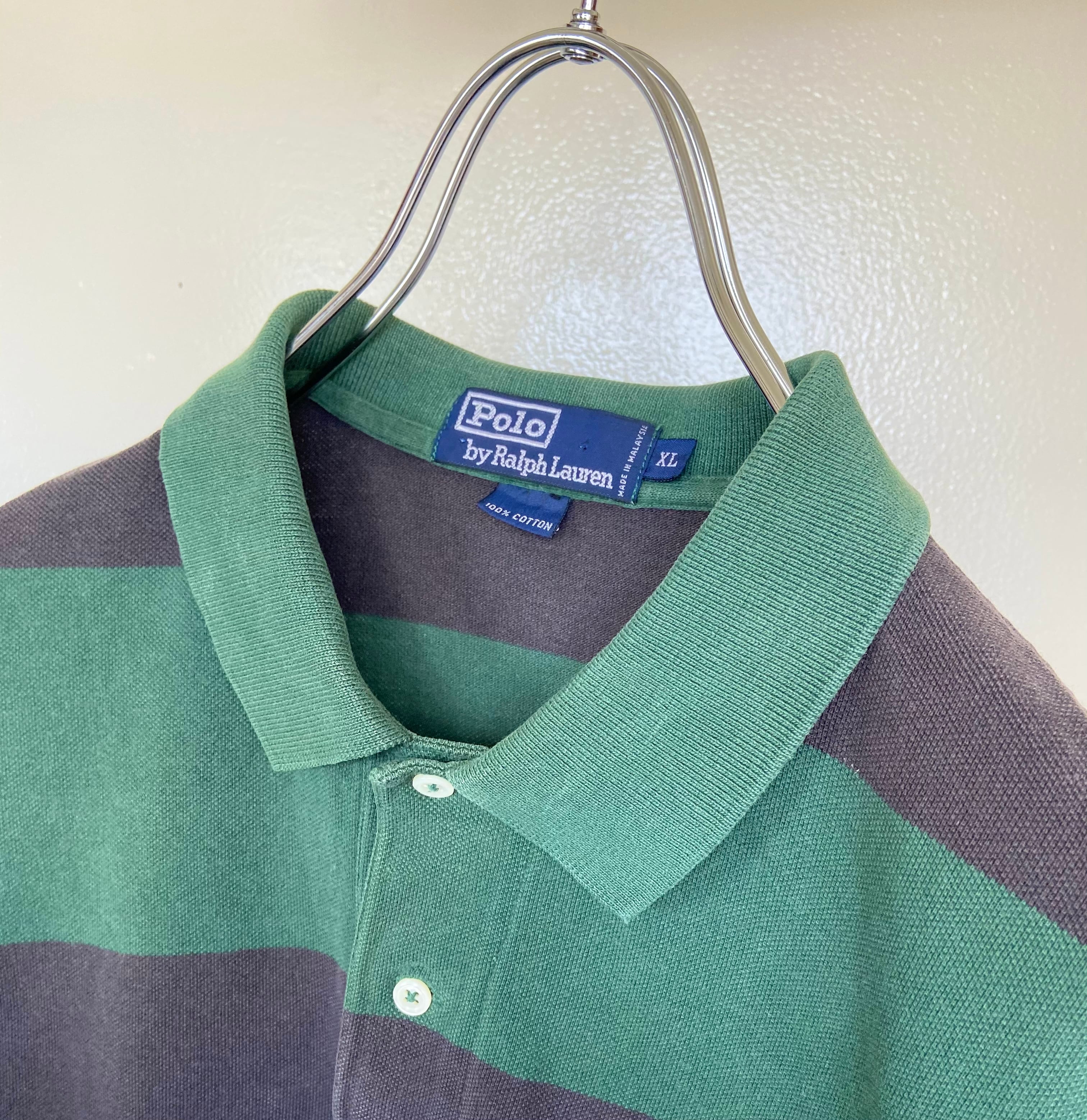 90s古着 POLO RALPH LAUREN/ラルフローレン 濃緑 刺繍 ラガーシャツ ボーダー オーバーサイズ ポロシャツ | 【古着  らくふる】ビンテージ&リメイク専門のオンライン古着SHOP powered by BASE